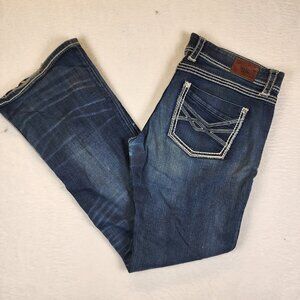 BKE Flare Jeans Sabrina Womens 33L Embellished Pockets Stretch Blue Y2K 33x33.5